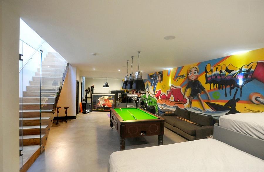 Bright and colorful graffiti in the chic contemporary basement