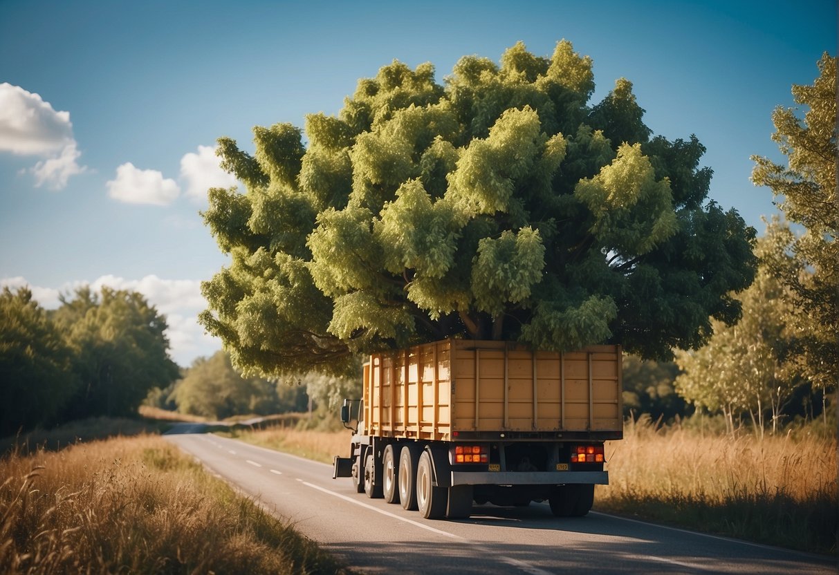 A tree being sustainably harvested, transported with eco-friendly methods, and transformed into a finished product with minimal waste