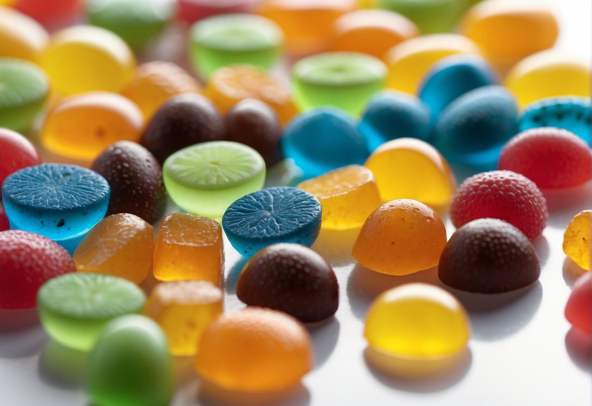 Assorted freeze dried candies arranged in a colorful display on a white background