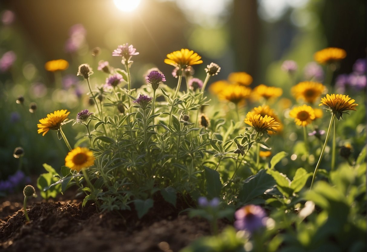 Lush green herbs grow in a vibrant garden, basking in the warm sunlight, surrounded by a variety of colorful flowers and buzzing bees