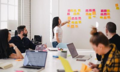 A woman presenting an understanding of knowledge management software to her team using sticky notes.